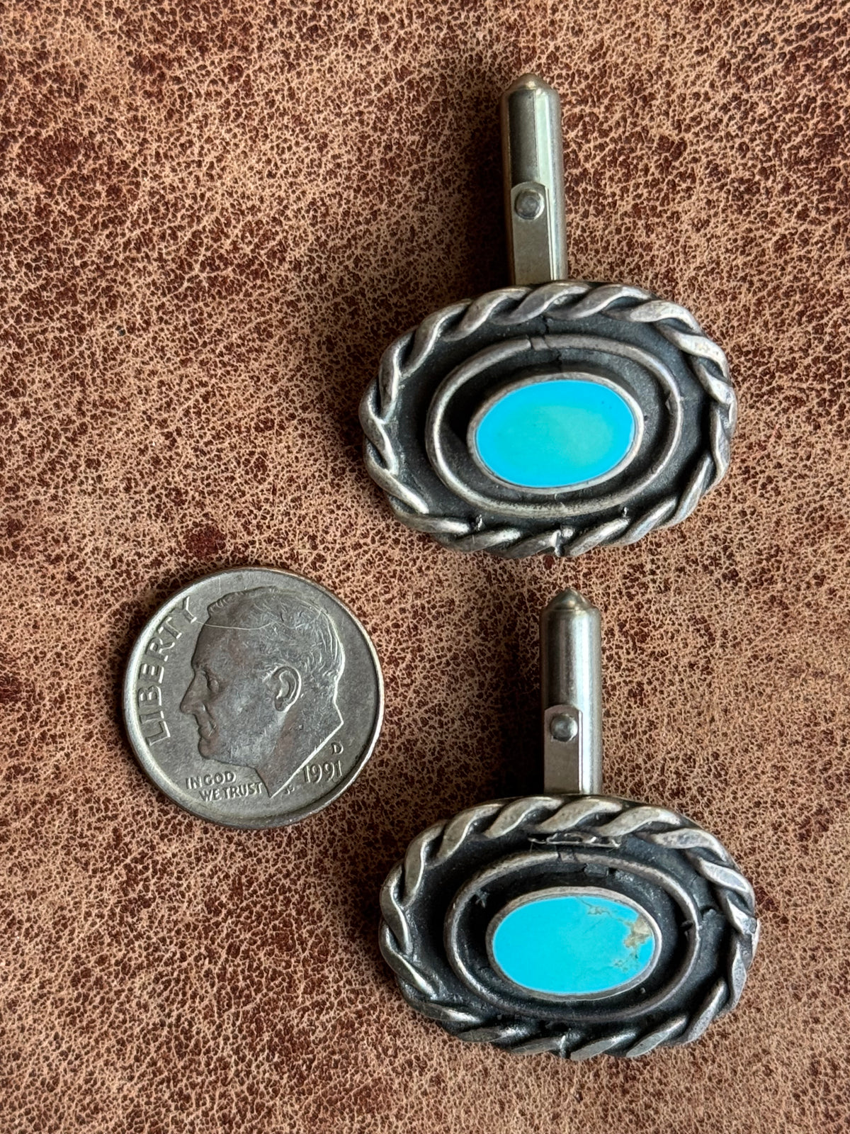 Vintage Sterling Silver Roped Turquoise Shadowbox Cufflinks