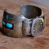 Vintage Sterling Turquoise and Coral Thunderbird Inlay Watch Cuff Bracelet