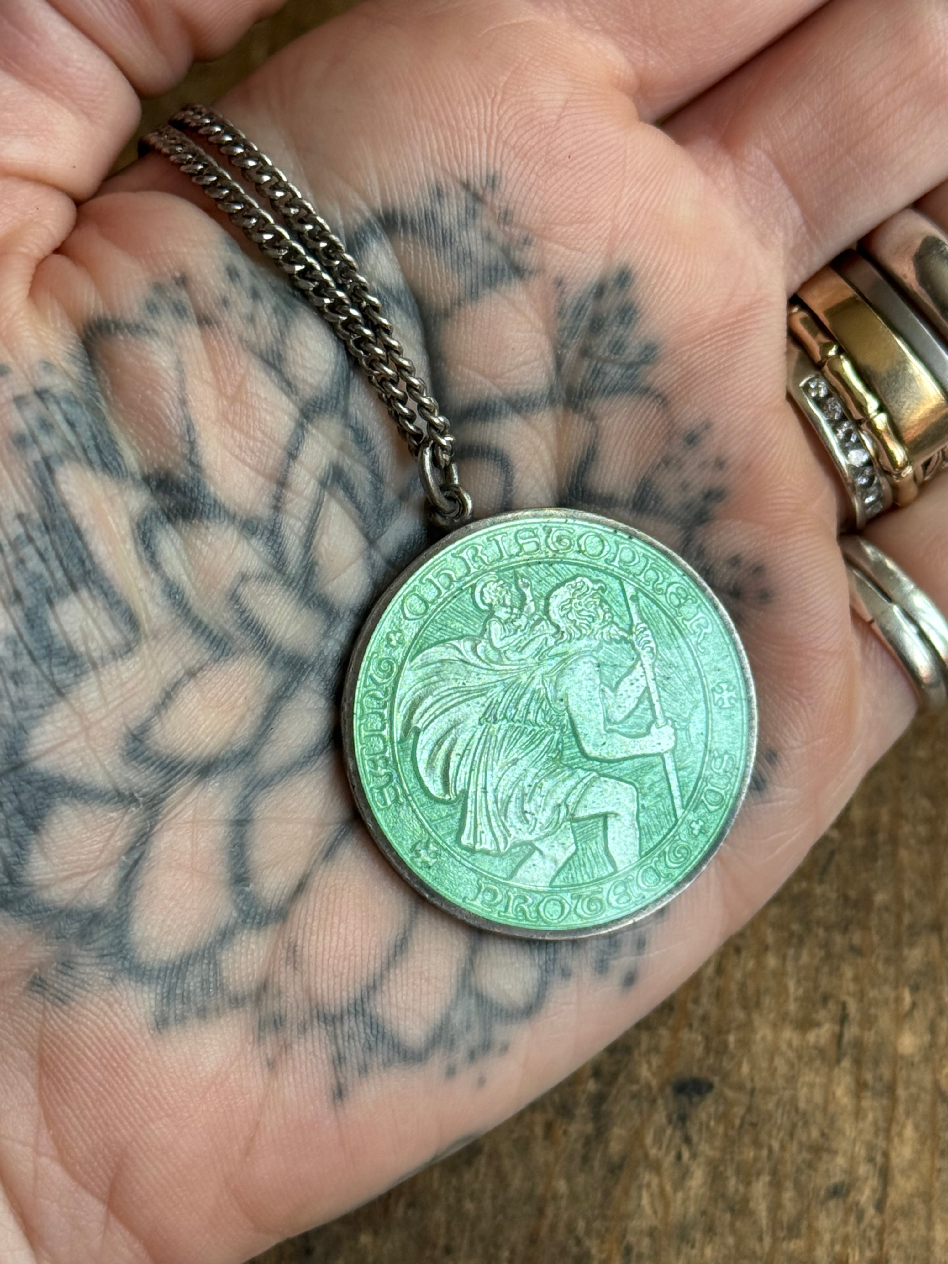 Vintage Sterling Silver ‘Betty’ Engraved Enamel St. Christopher Necklace