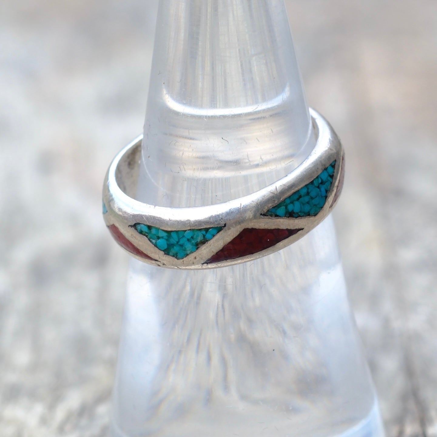 Vintage Sterling Silver Crushed Turquoise & Coral Inlay Band 6.5