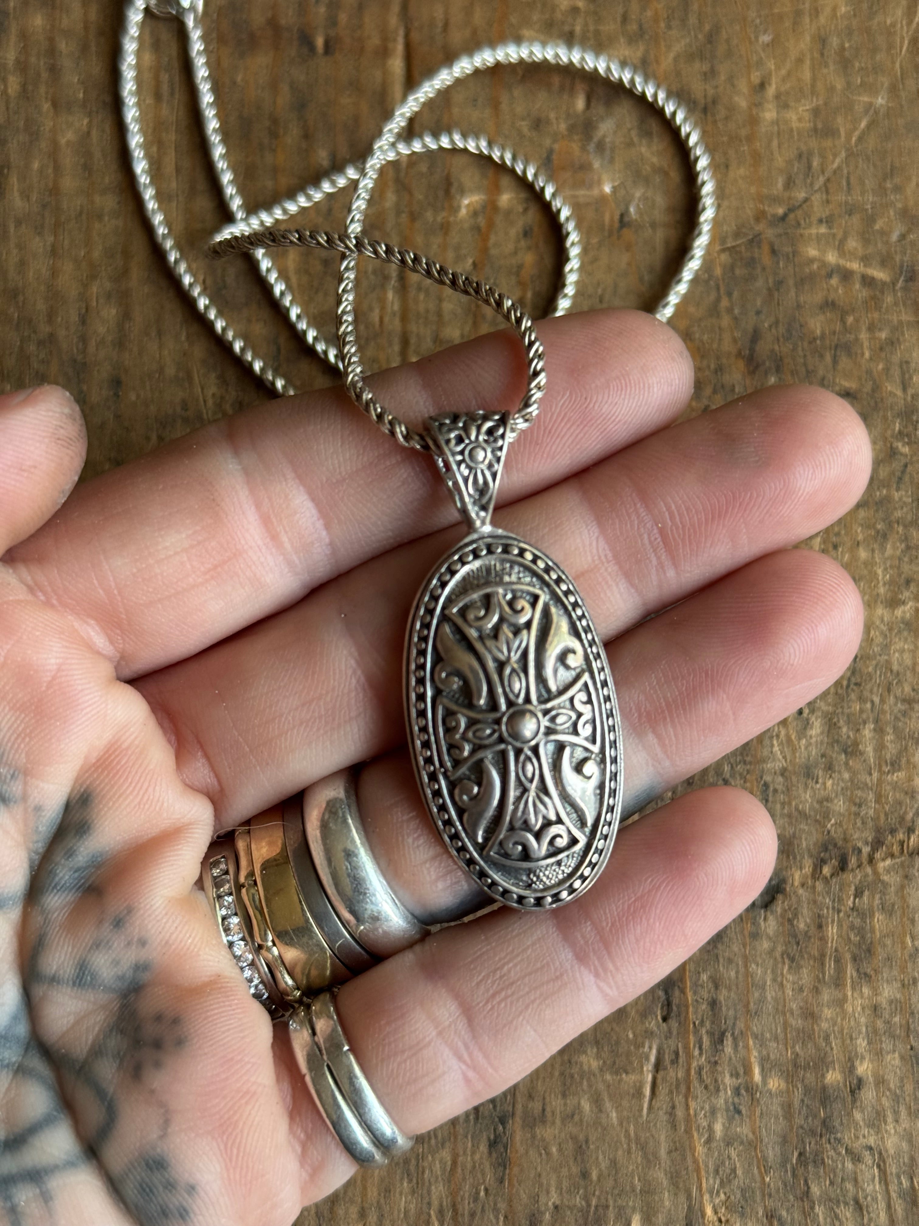 Vintage Sterling Silver Etched Cross Necklace