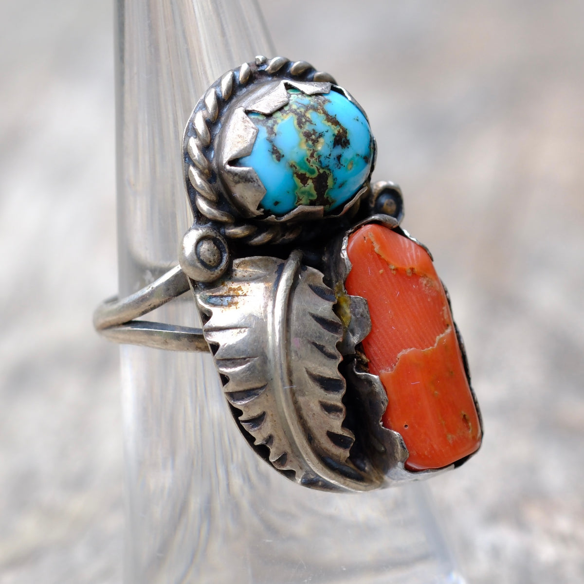 Vintage Sterling Turquoise and Coral Feather Ring 5.75