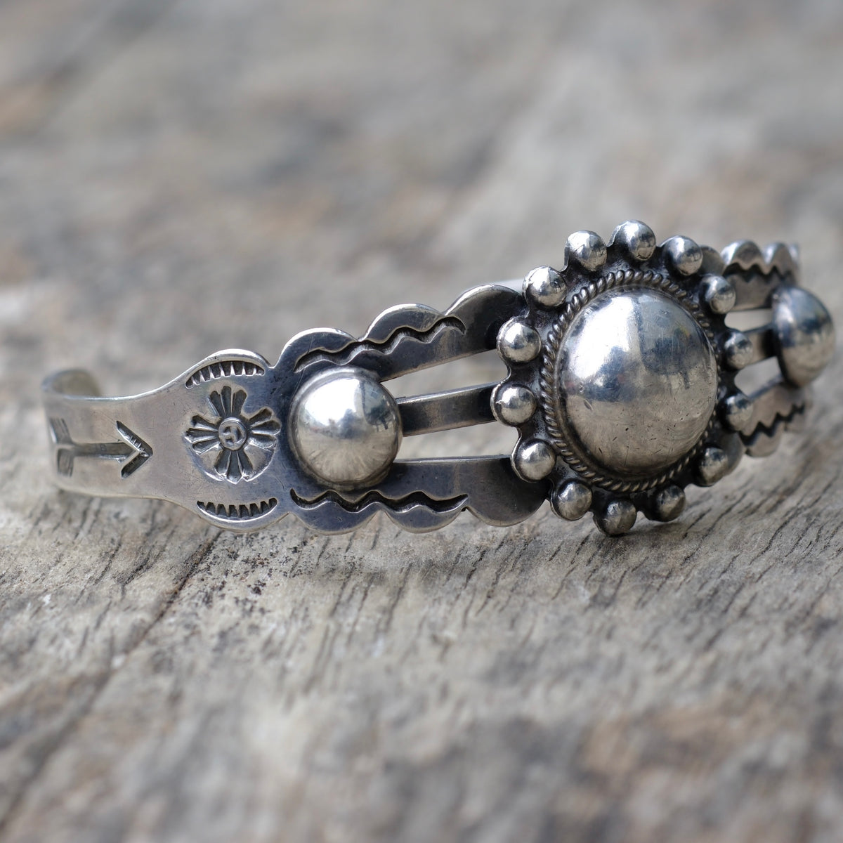 Vintage Sterling Silver Stamped and Domed Cuff Bracelet