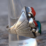 Chunky Vintage Sterling Turquoise and Coral Ribbed Band Ring 11