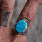 Vintage Sterling Turquoise Inlay Ribbed Band Ring 11.25