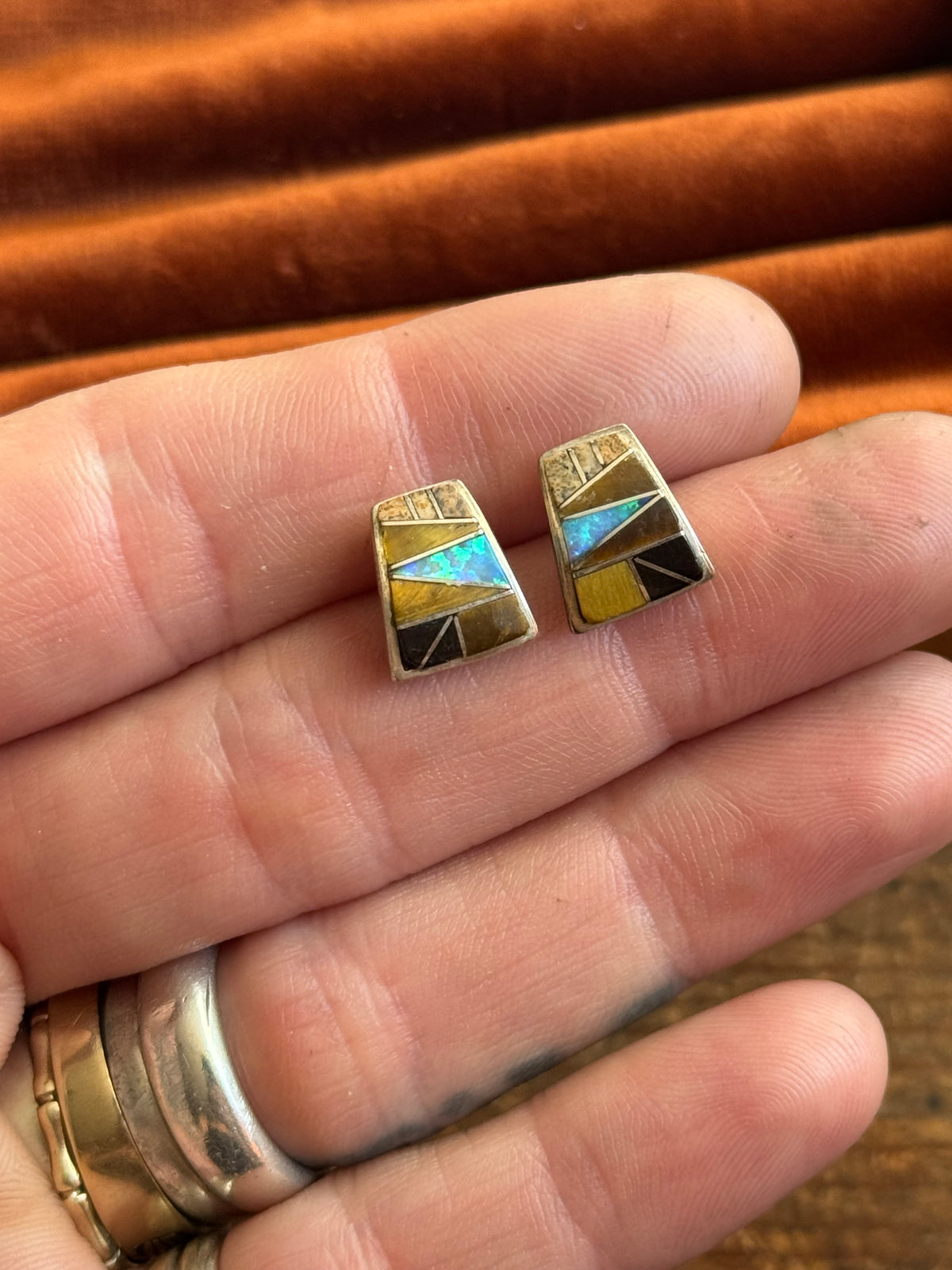 Vintage Sterling Silver Multistone Inlay Earrings
