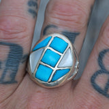 Vintage Sterling Turquoise and Mother Of Pearl Inlay Ring 11.25