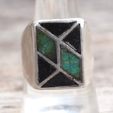 Vintage Sterling Turquoise and Onyx Inlay Ring 10.25