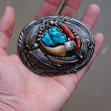 Vintage Sterling Turquoise and Coral Bear Claw Belt Buckle
