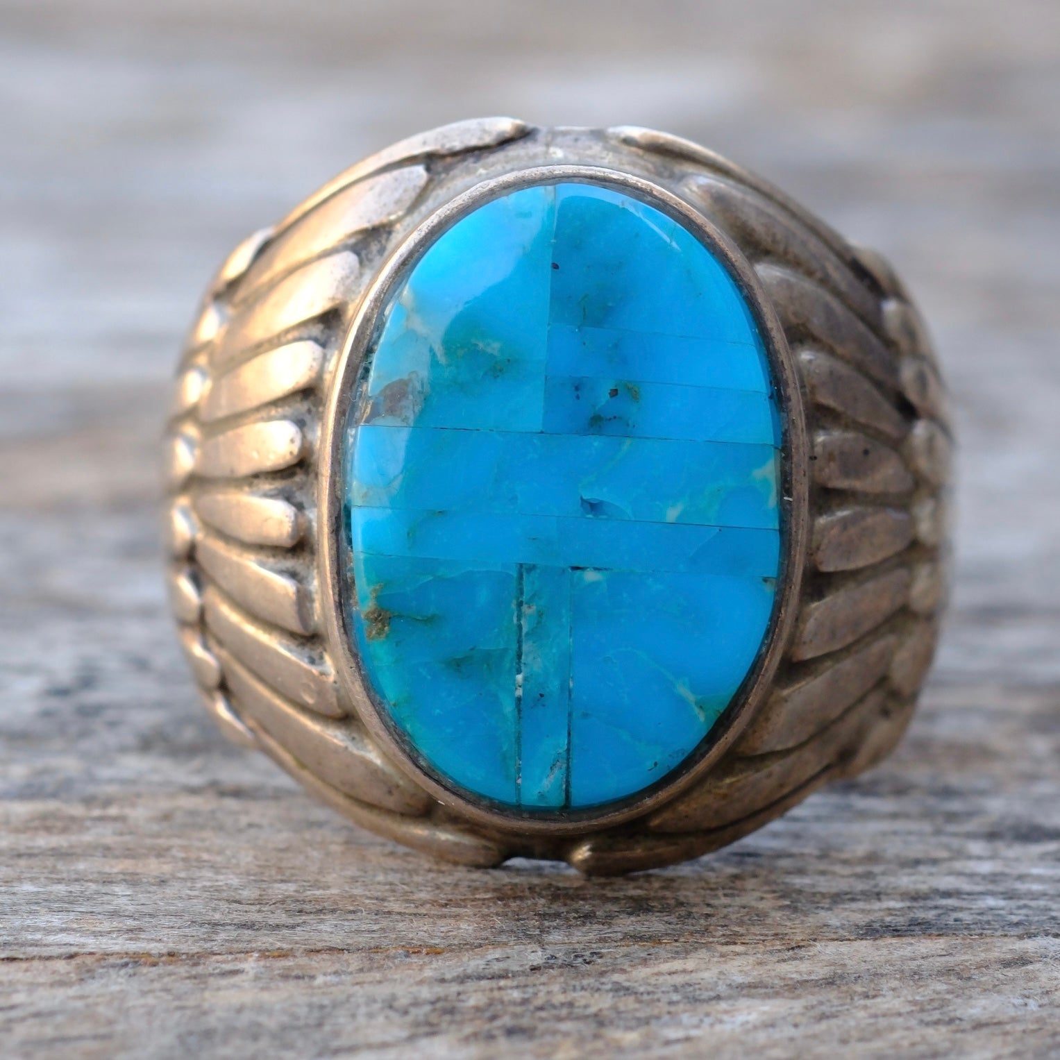 Vintage Sterling Turquoise Inlay Ribbed Band Ring 11.5