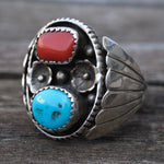 Vintage Sterling Turquoise and Coral Ribbed Band Ring 10.75