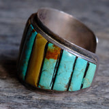 MASSIVE Vintage Sterling Jasper And Turquoise Inlay Cuff Bracelet