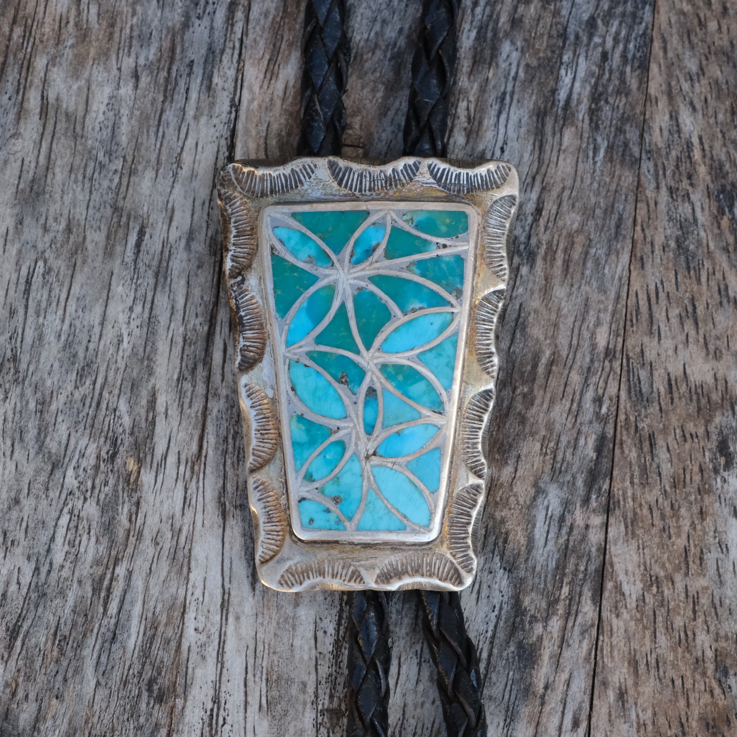 Vintage Sterling Turquoise Inlay Stamped Bolo Tie
