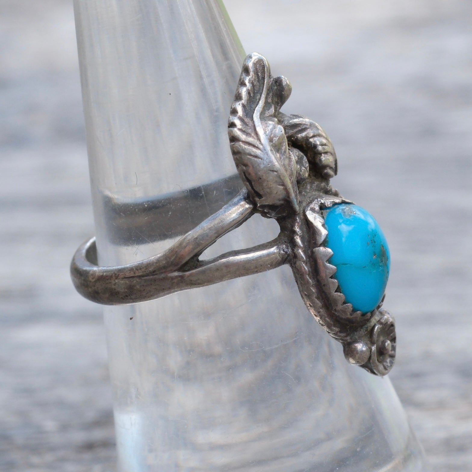 Vintage Sterling Turquoise Feather Ring 6.25