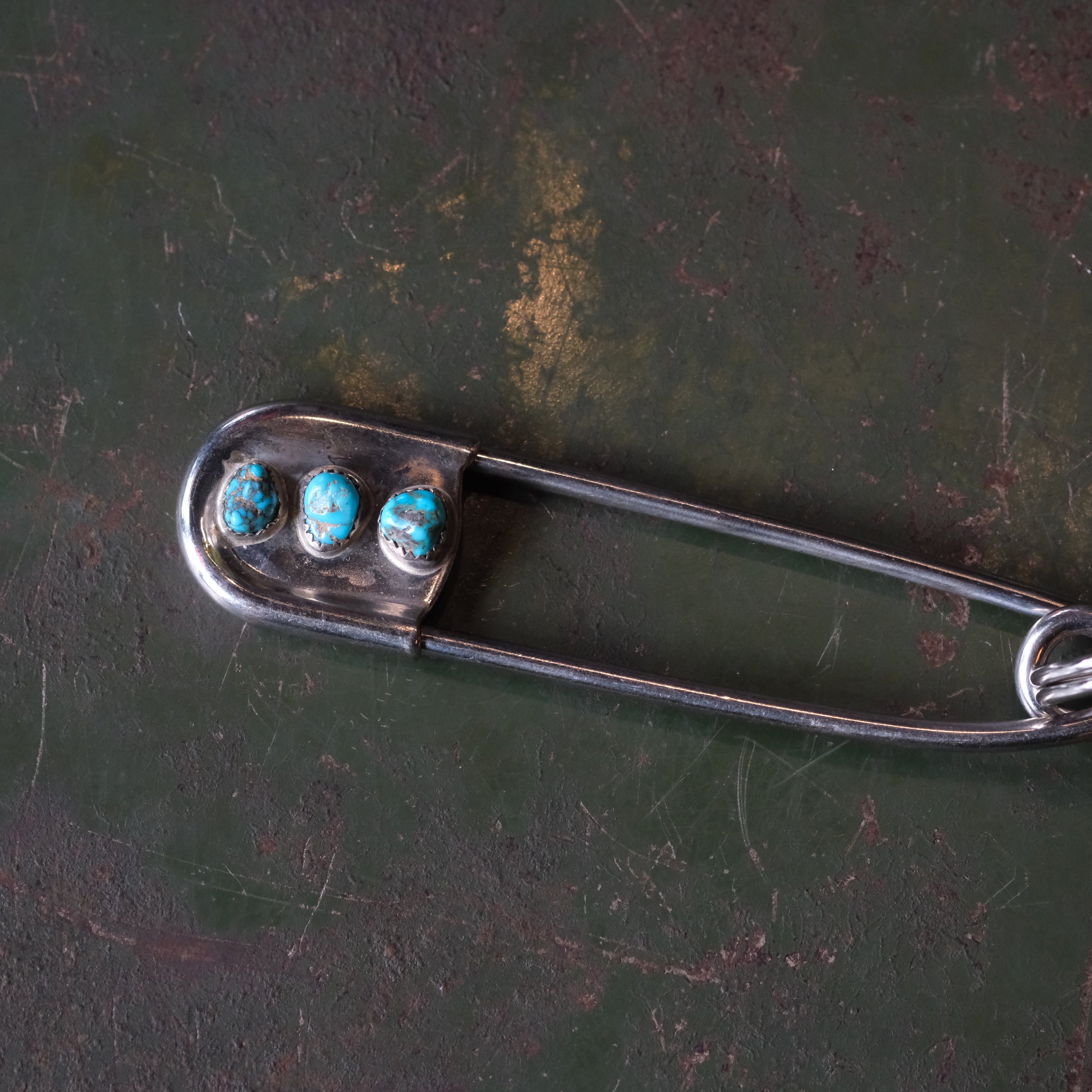 Vintage 3-Stone Turquoise Safety Pin Keychain 4"
