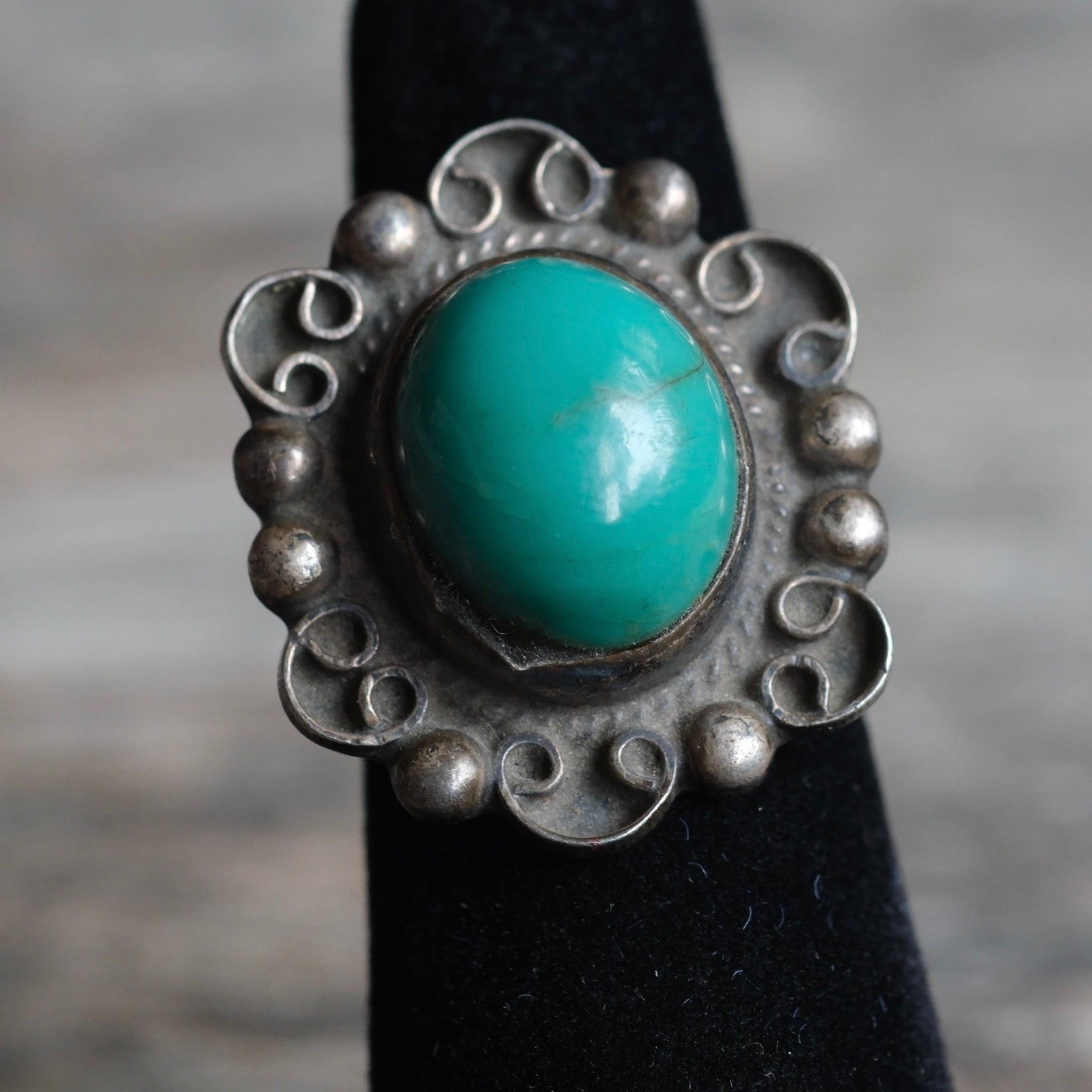 Vintage Sterling Turquoise Florette Ring 5.25
