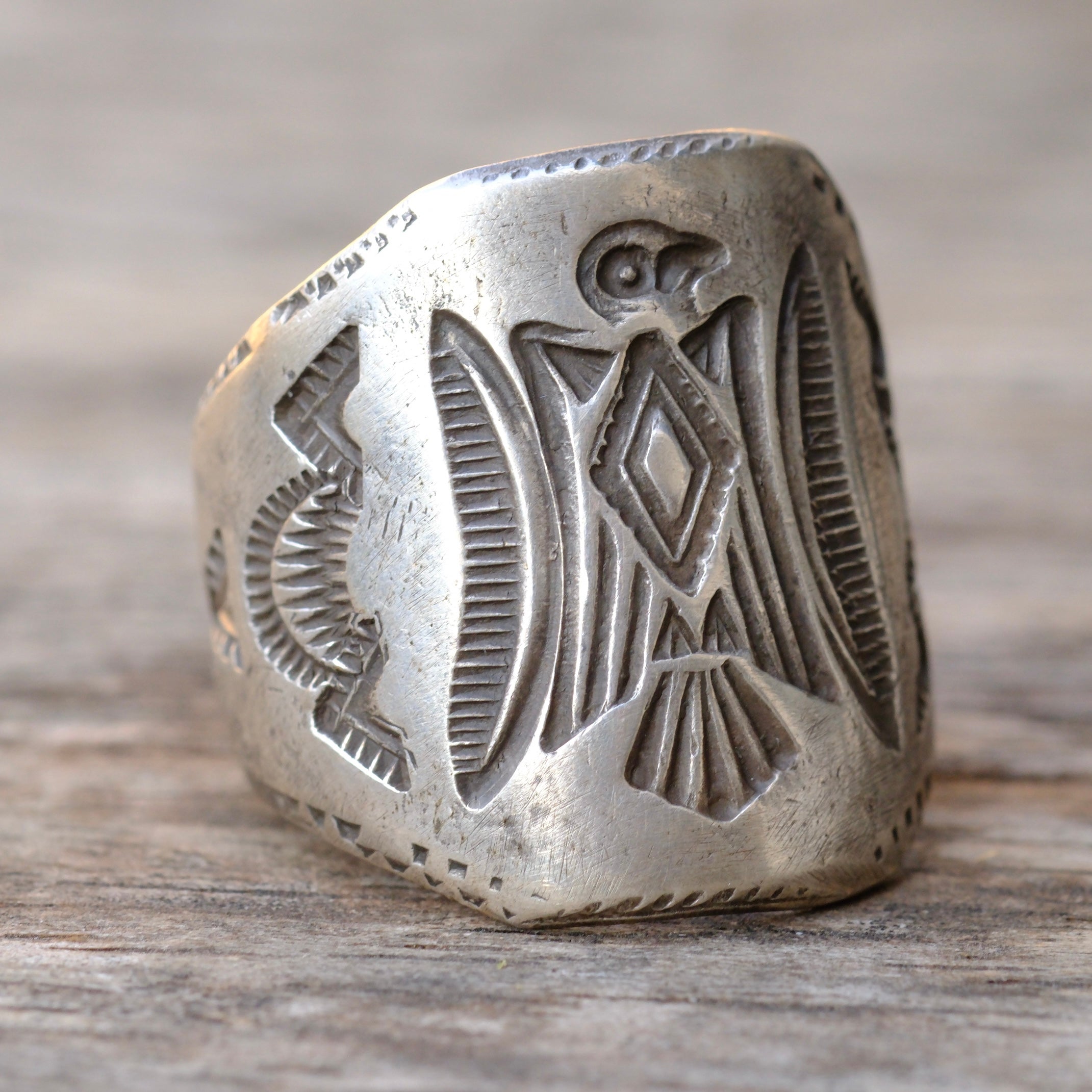 HEAVY Ingot Silver Stamped Thunderbird Cigar Band Ring 10.75