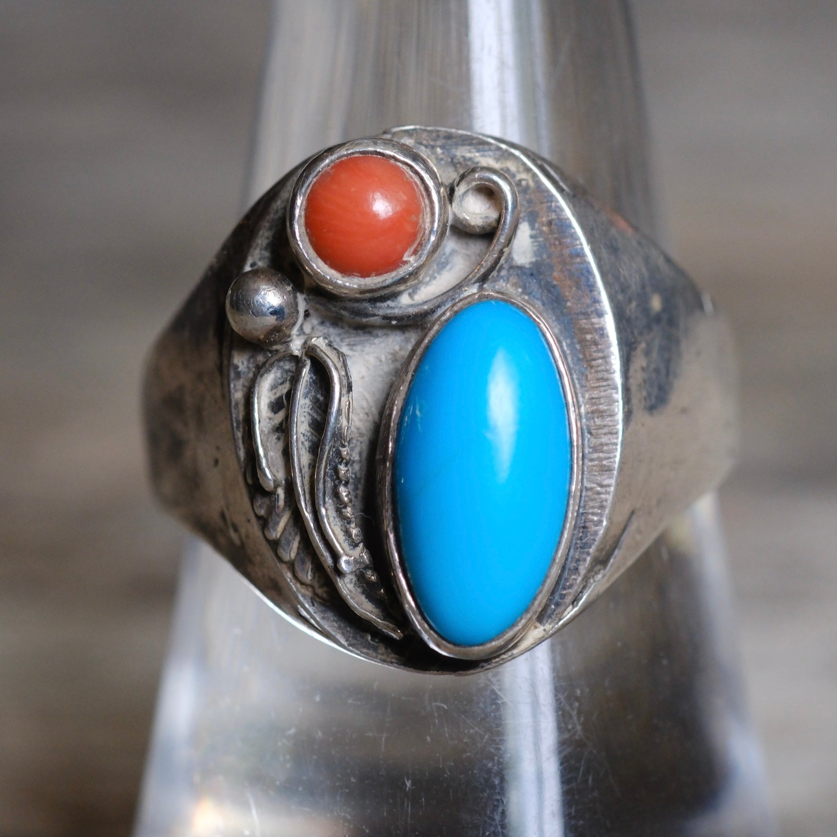 Vintage Sterling Turquoise and Coral Feather Ring 8.75