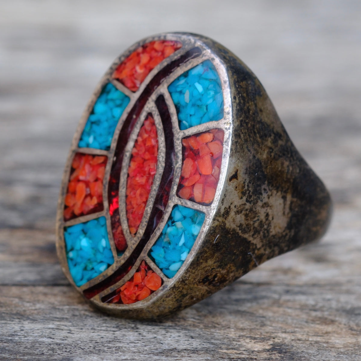 Vintage Sterling Turquoise and Coral Inlay Ring 11.75