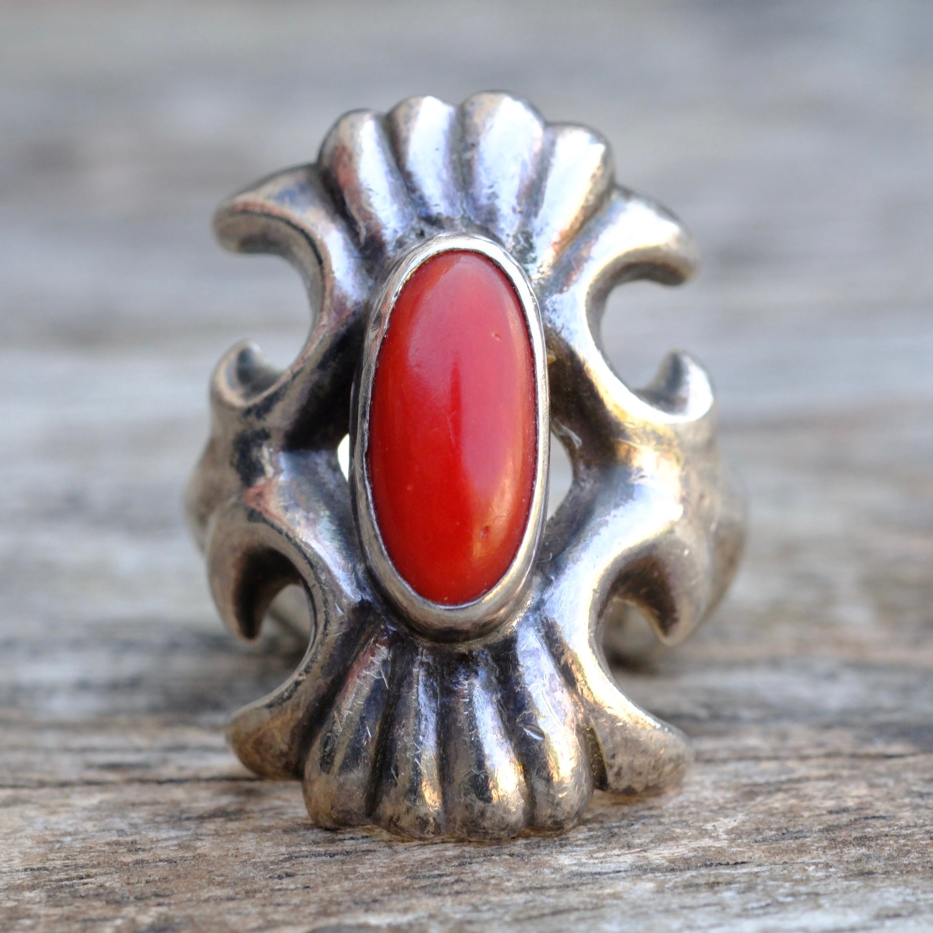 Vintage Sterling Coral Sandcast Ring 5