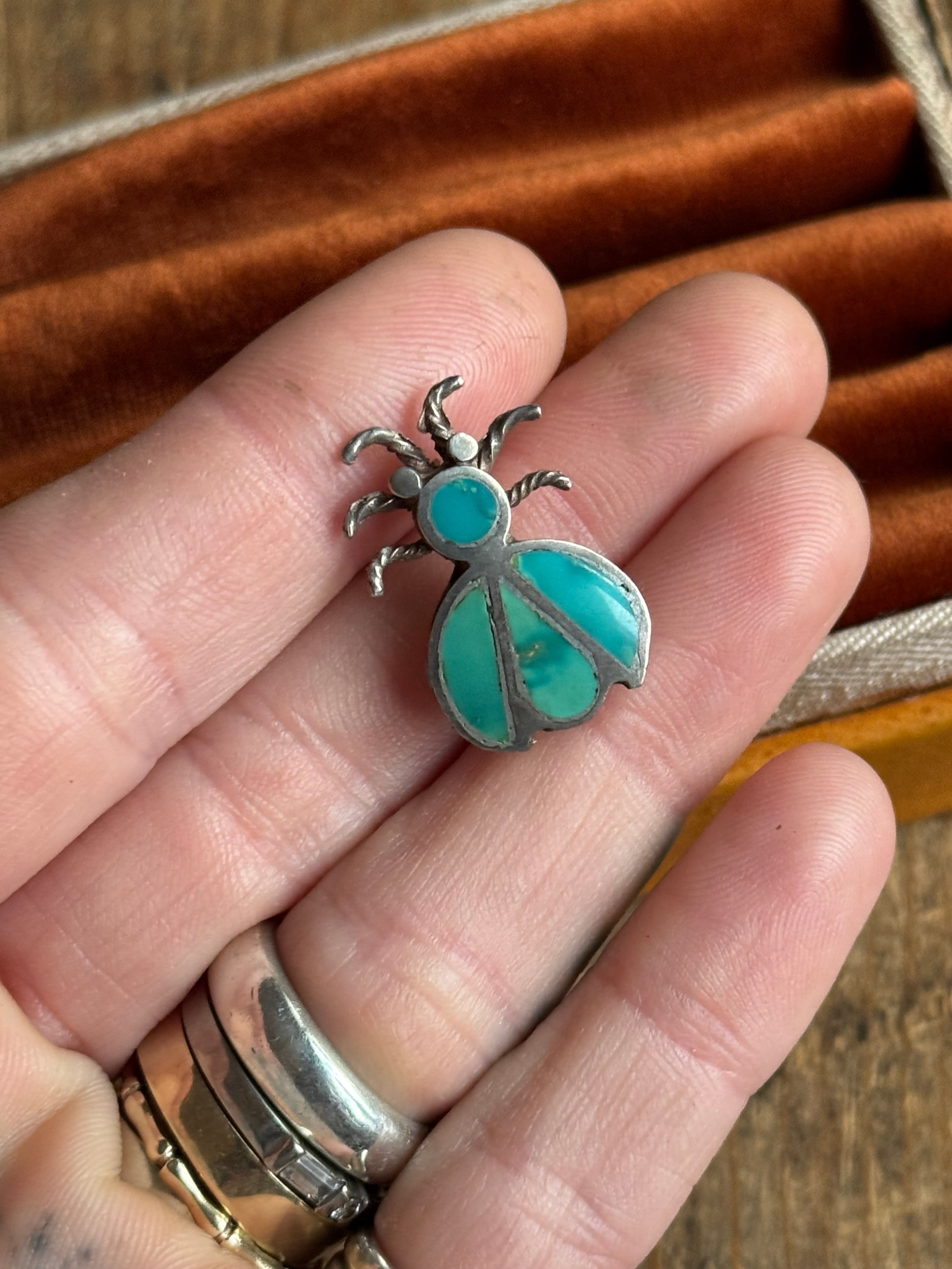 Vintage Sterling Silver Turquoise Inlay Bug Pin