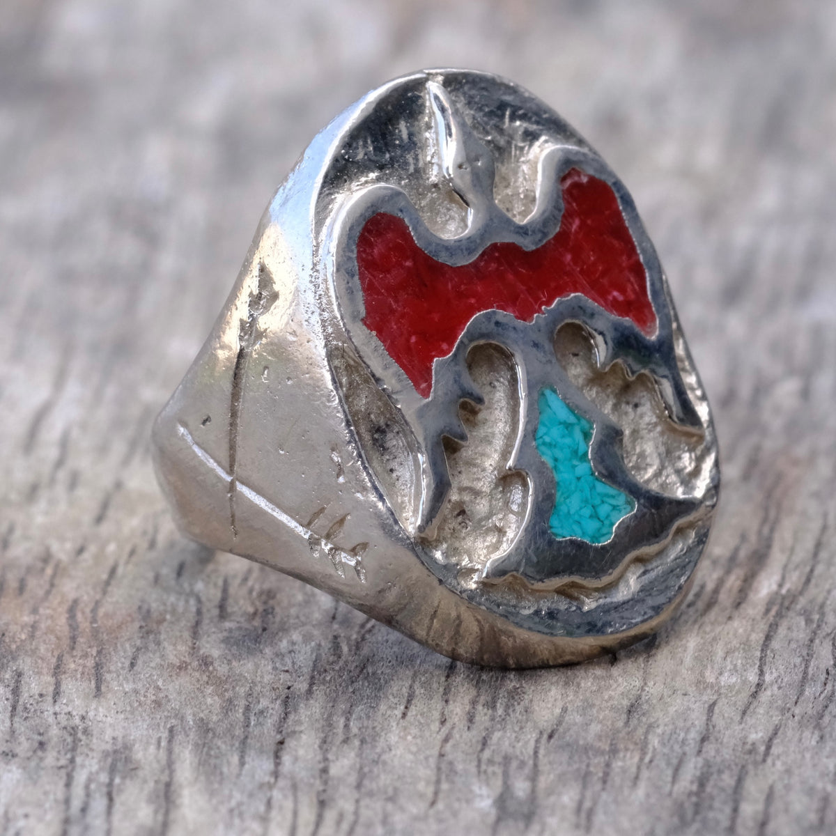 Vintage Sterling Turquoise and Coral Bird Ring 9.25