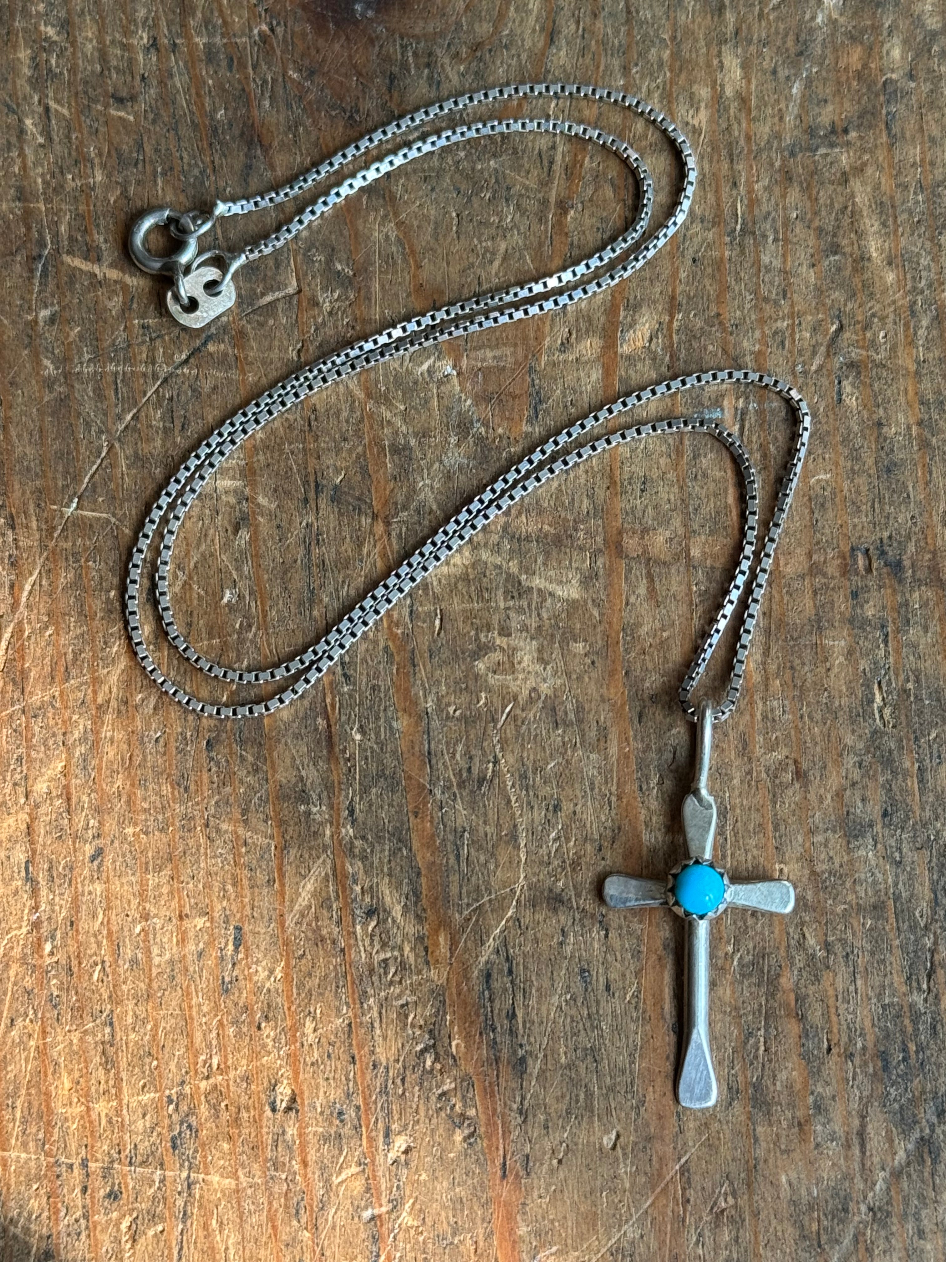 Vintage Sterling Silver Turquoise Cross 16" Necklace