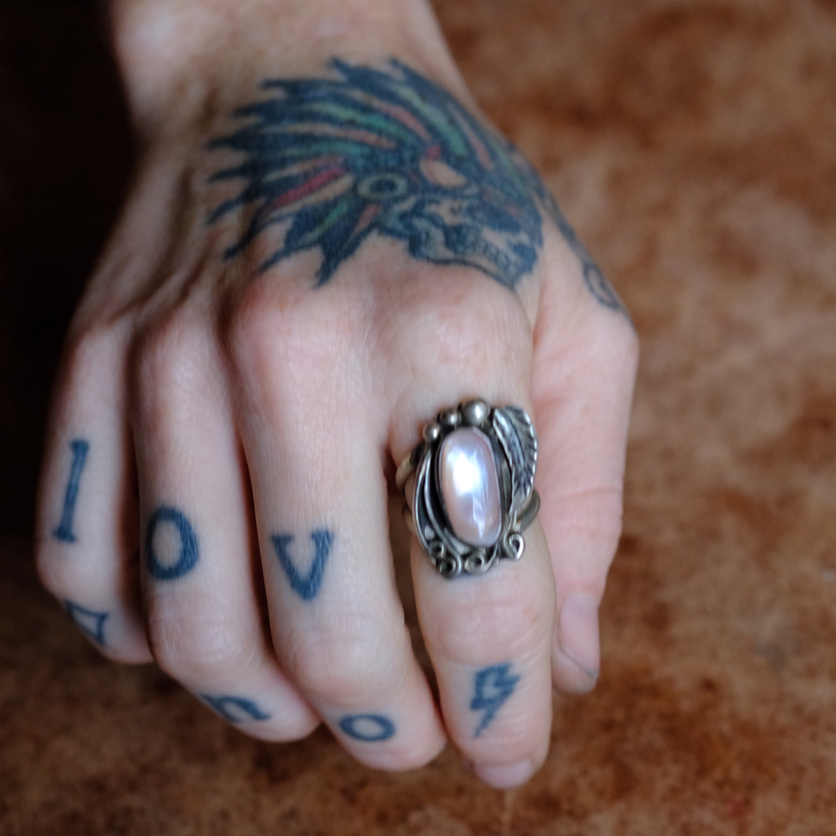 Vintage Sterling Mother Of Pearl Feather Ring 7.25