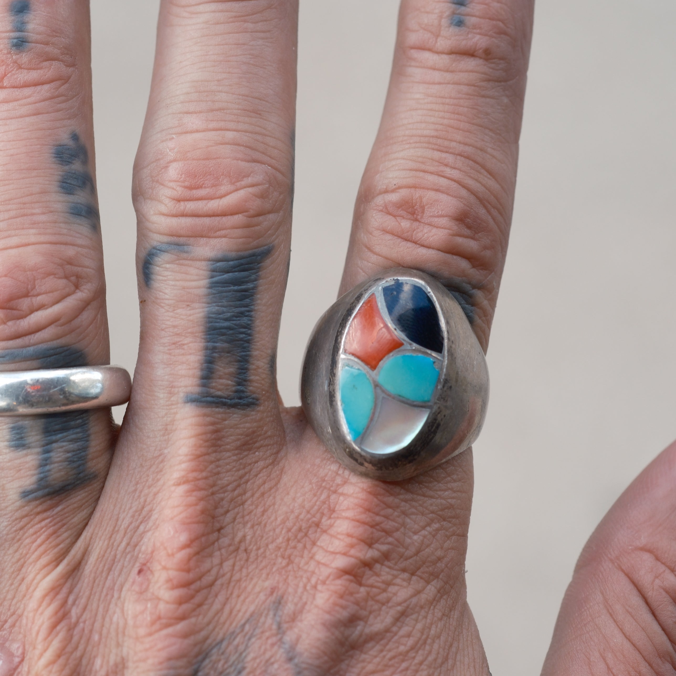 Vintage Sterling Multistone Inlay Fish Scale Ring 12