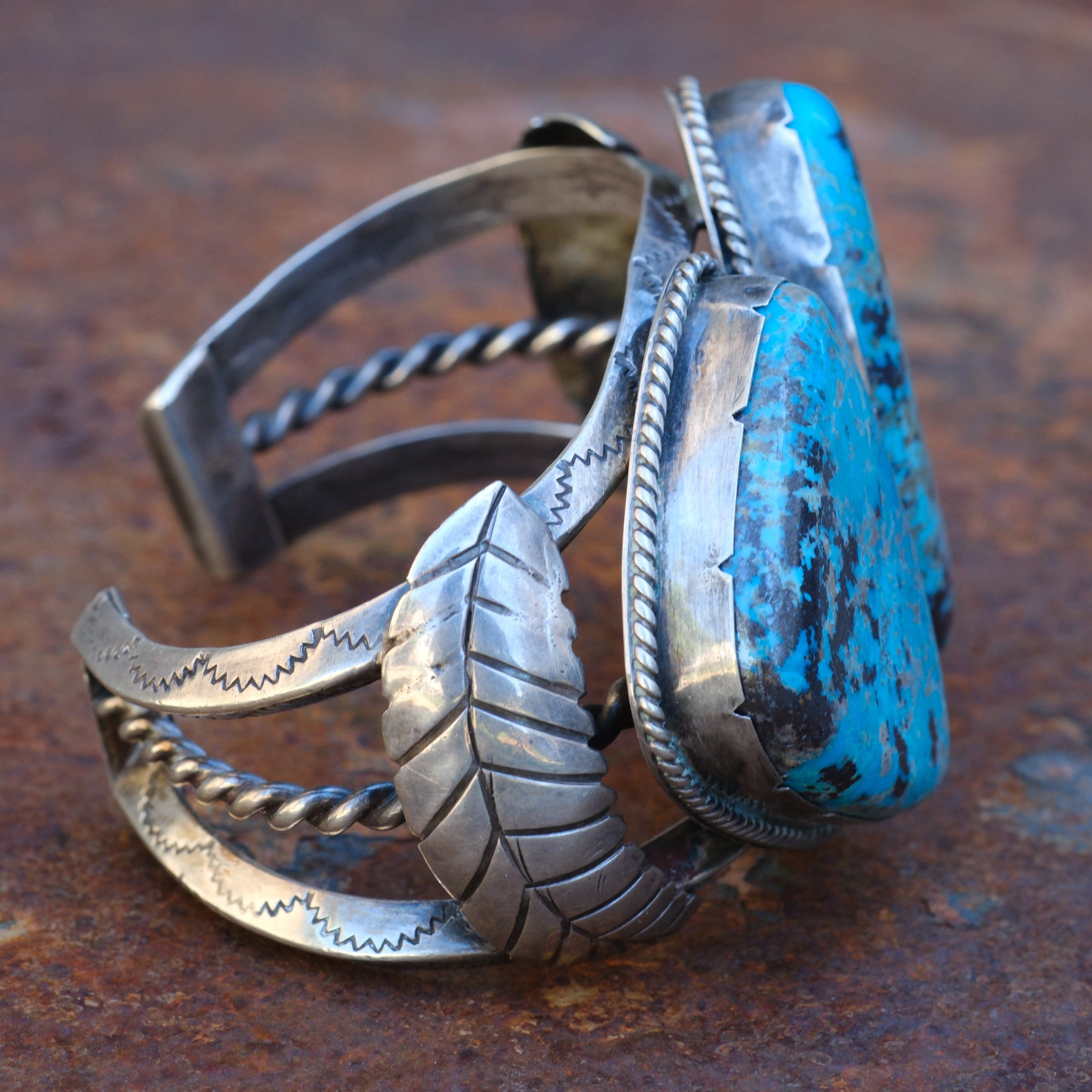 Massive Vintage Sterling 2-Stone Turquoise Stamped Feather Cuff Bracelet