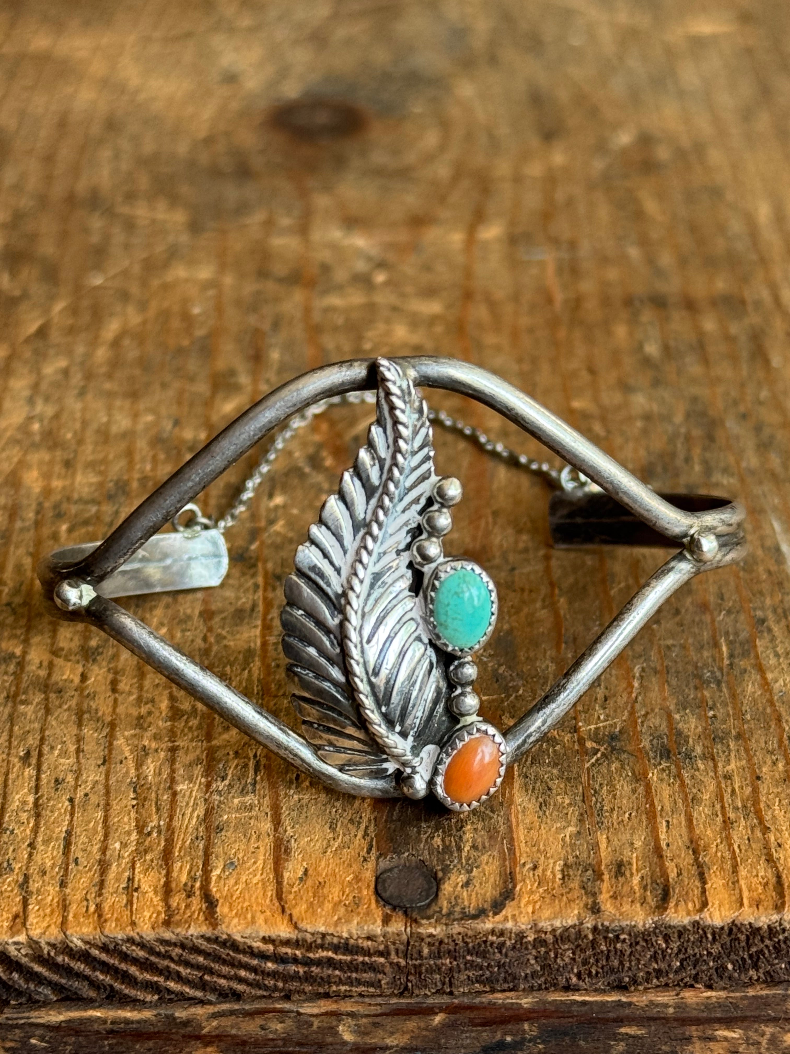 Vintage Sterling Silver Turquoise & Coral Leaf Cuff