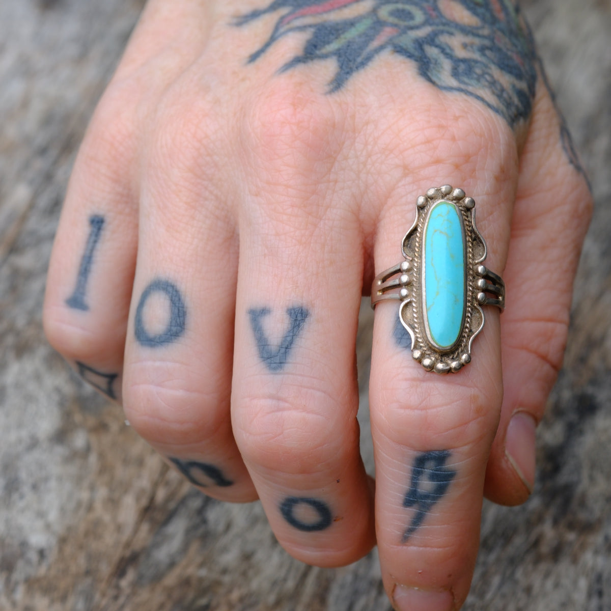 Vintage Sterling Block Turquoise Ring 8.75