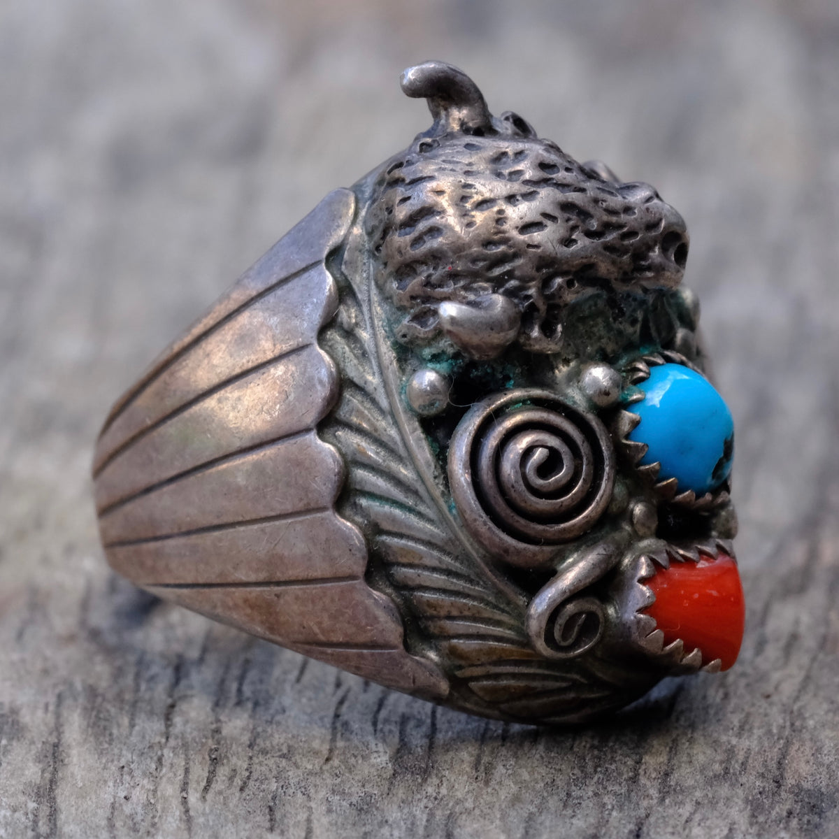 Vintage Sterling Turquoise and Coral Buffalo Ring 13.25