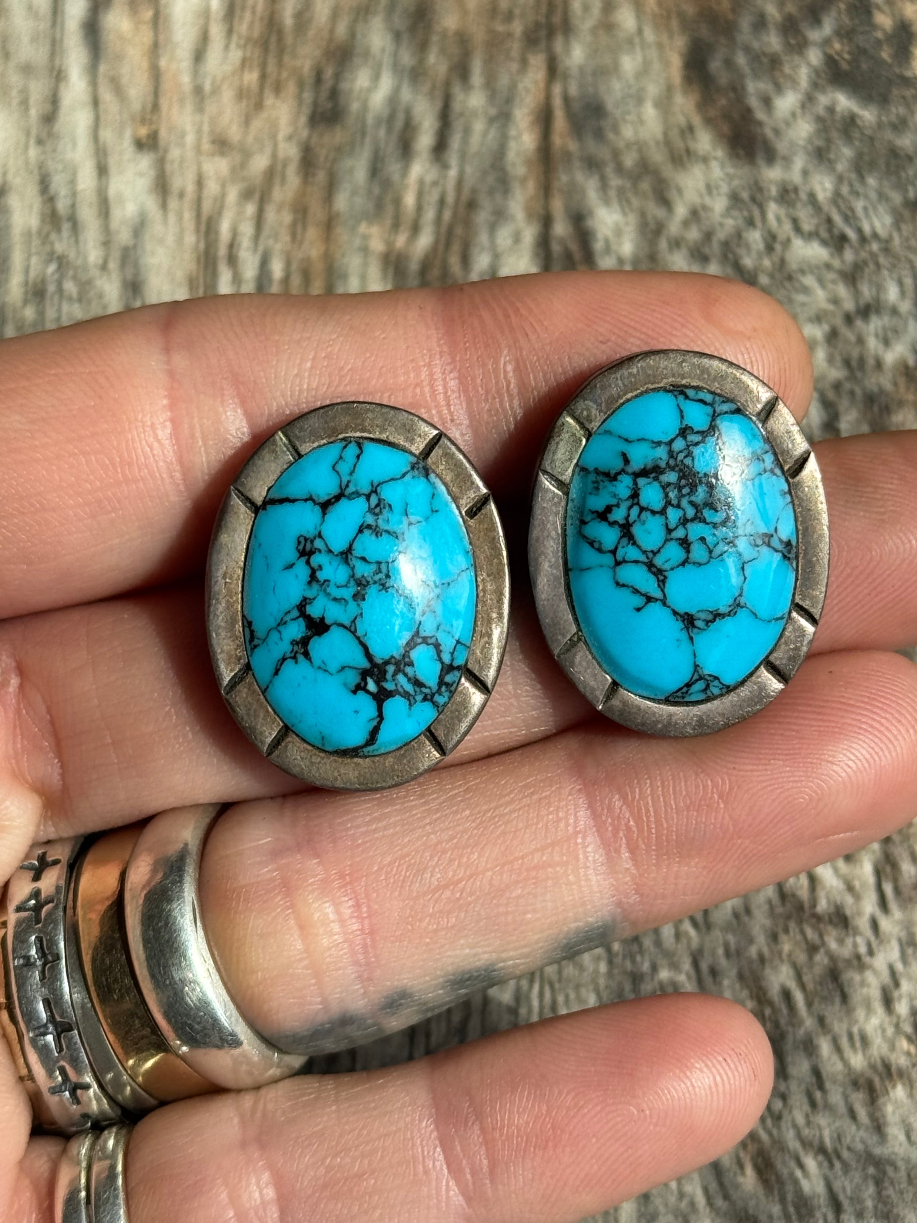 Vintage Sterling Silver Plated Block Turquoise Framed Earrings