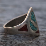 Vintage Sterling Crushed Turquoise and Coral Inlay Sweet Leaf Ring 8.5