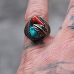 Vintage Sterling Turquoise and Coral Feather Ring 6
