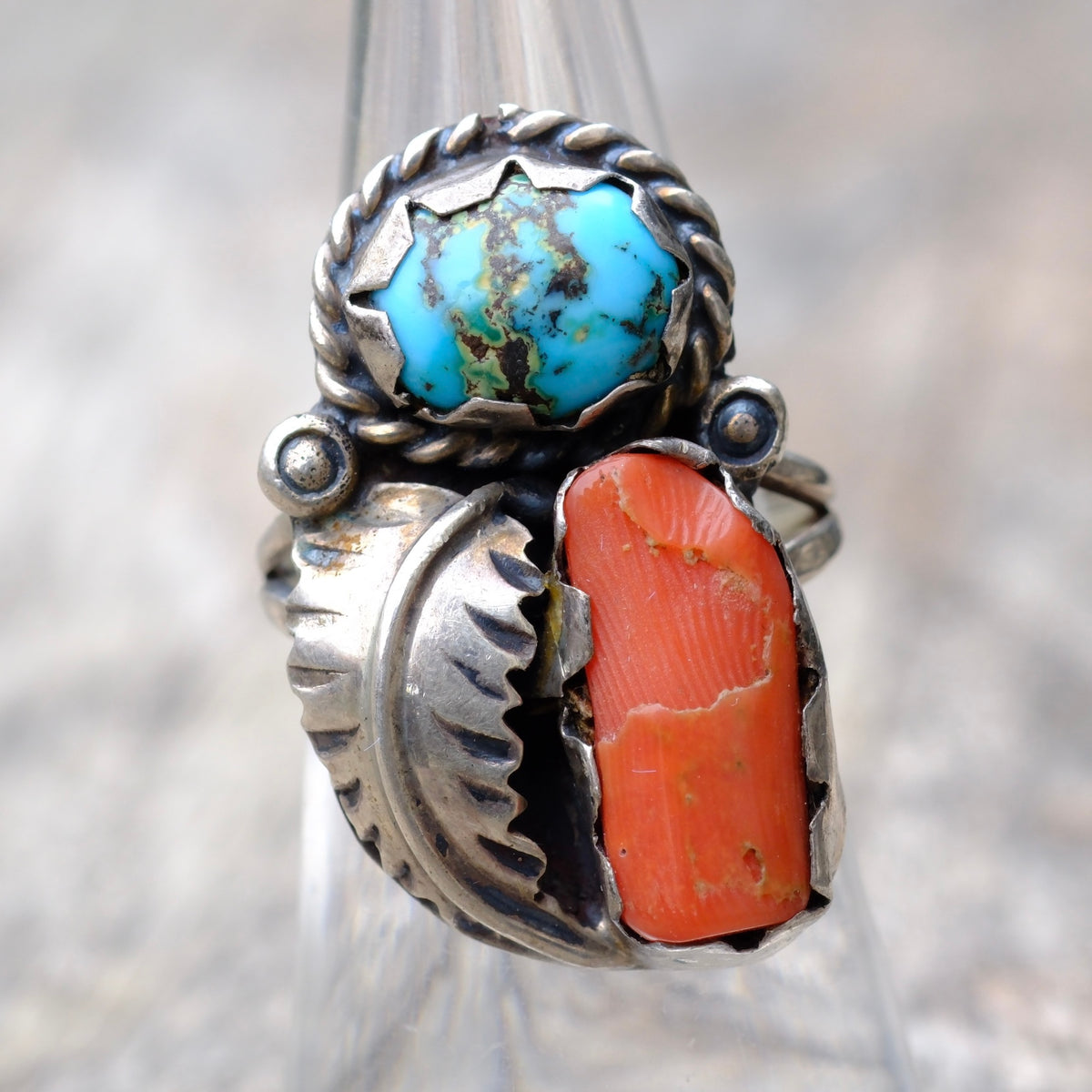 Vintage Sterling Turquoise and Coral Feather Ring 5.75