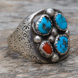 Vintage Sterling Turquoise and Coral Cluster Ring 10.75