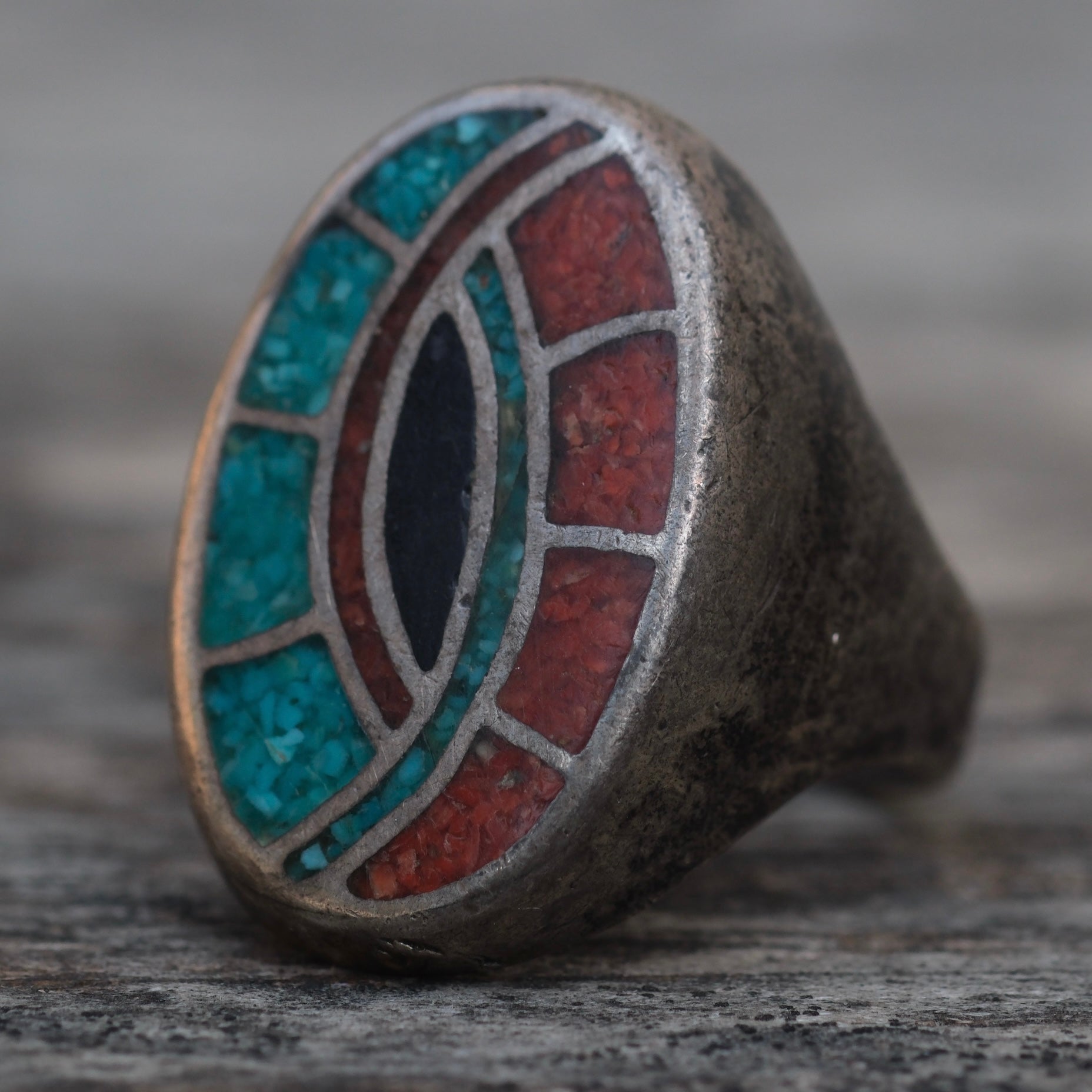 Vintage Sterling Turquoise and Coral Inlay Hummingbird Ring 11.5