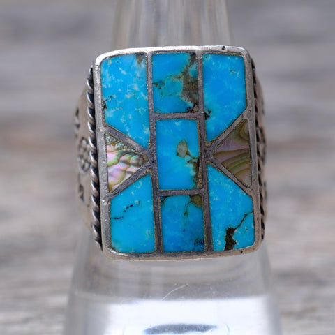 Vintage Sterling Turquoise and Abalone Inlay Panel Ring 9.5