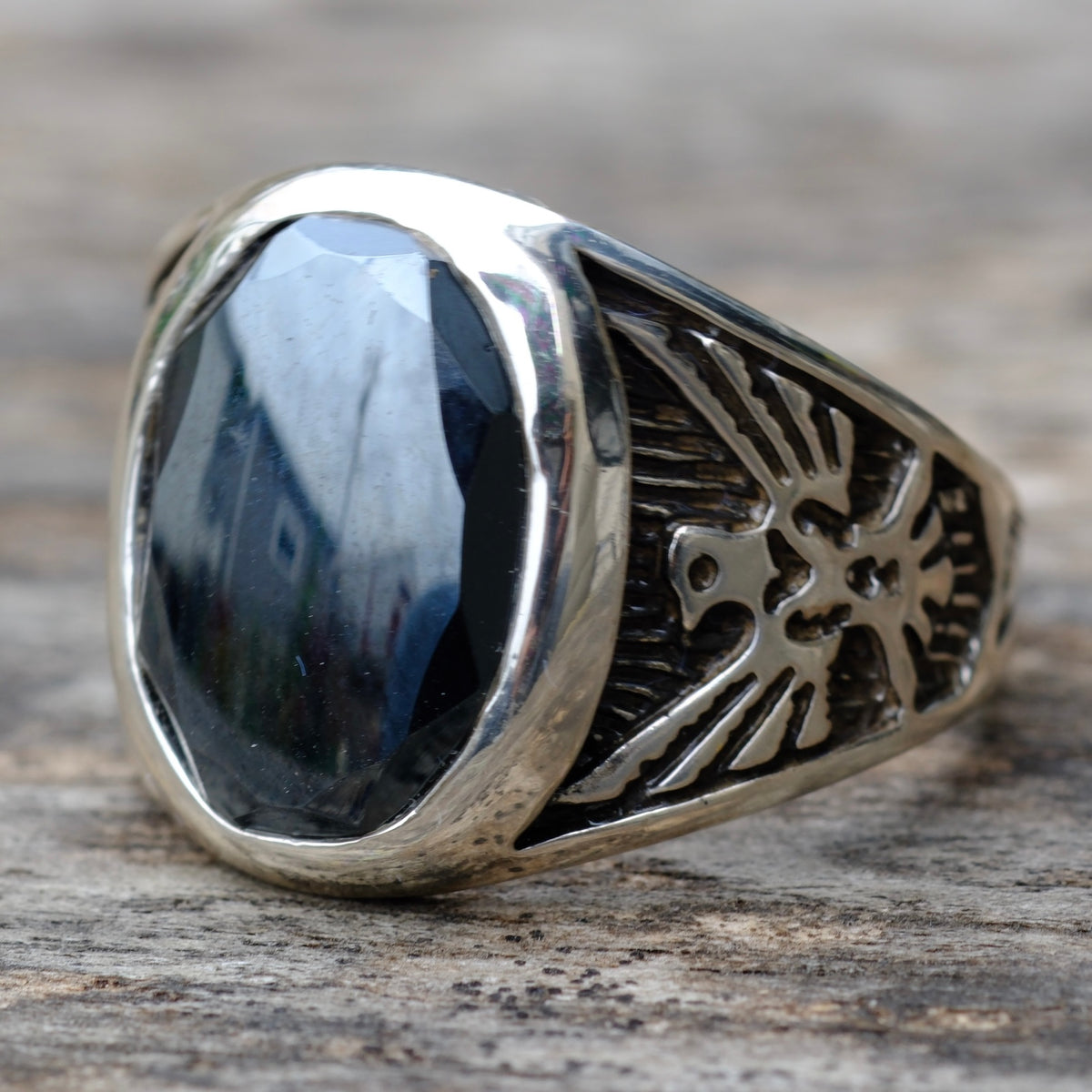 Vintage Sterling Hematite Thunderbird Ring 13