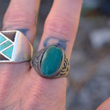 Vintage Sterling Stamped V Malachite Trading Post Ring 13