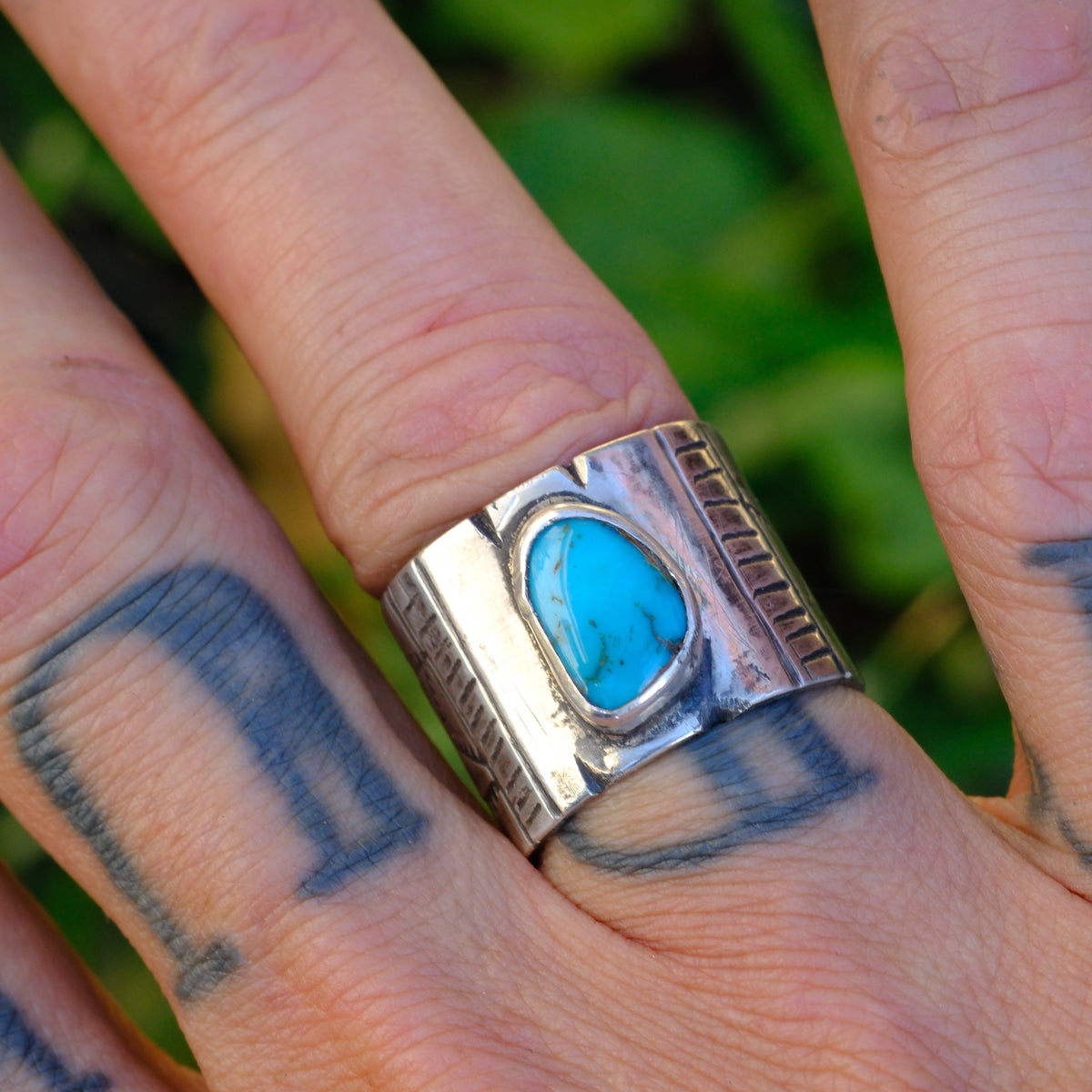Sterling Silver Pilot Mountain Turquoise Stamped Ring 8.25