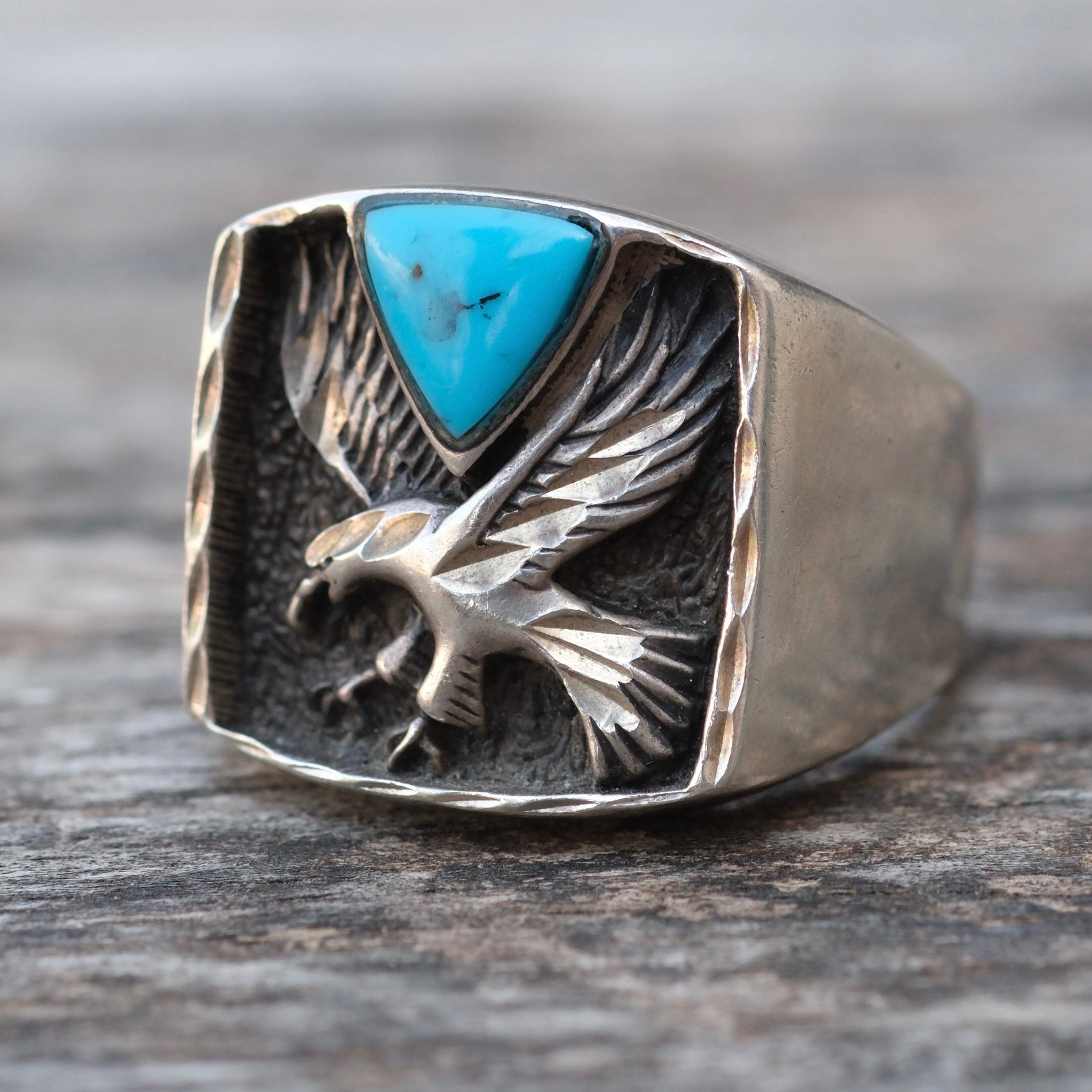 Vintage Sterling Turquoise Eagle Signet Ring 9.75