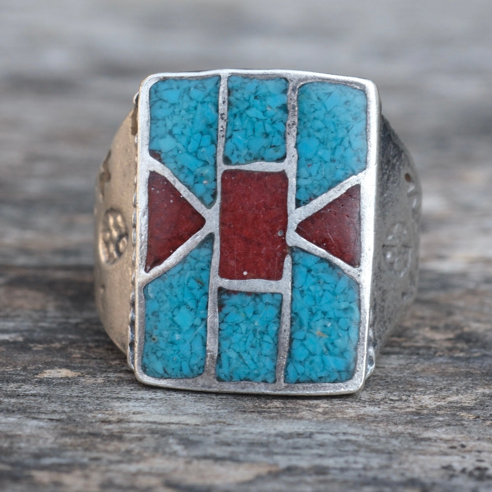 Vintage Sterling Turquoise and Coral Inlay Ring 10