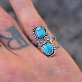 Vintage Sterling 2-Stone Turquoise Blossom Ring 5.75