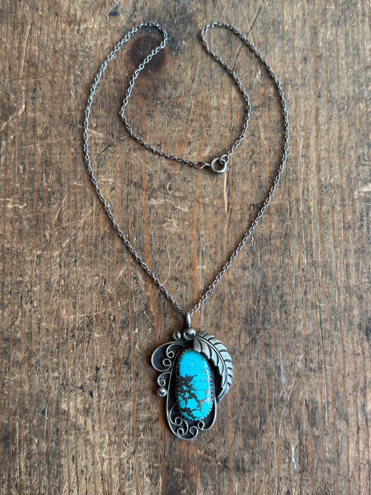 Vintage Sterling Silver Turquoise Leaf Necklace