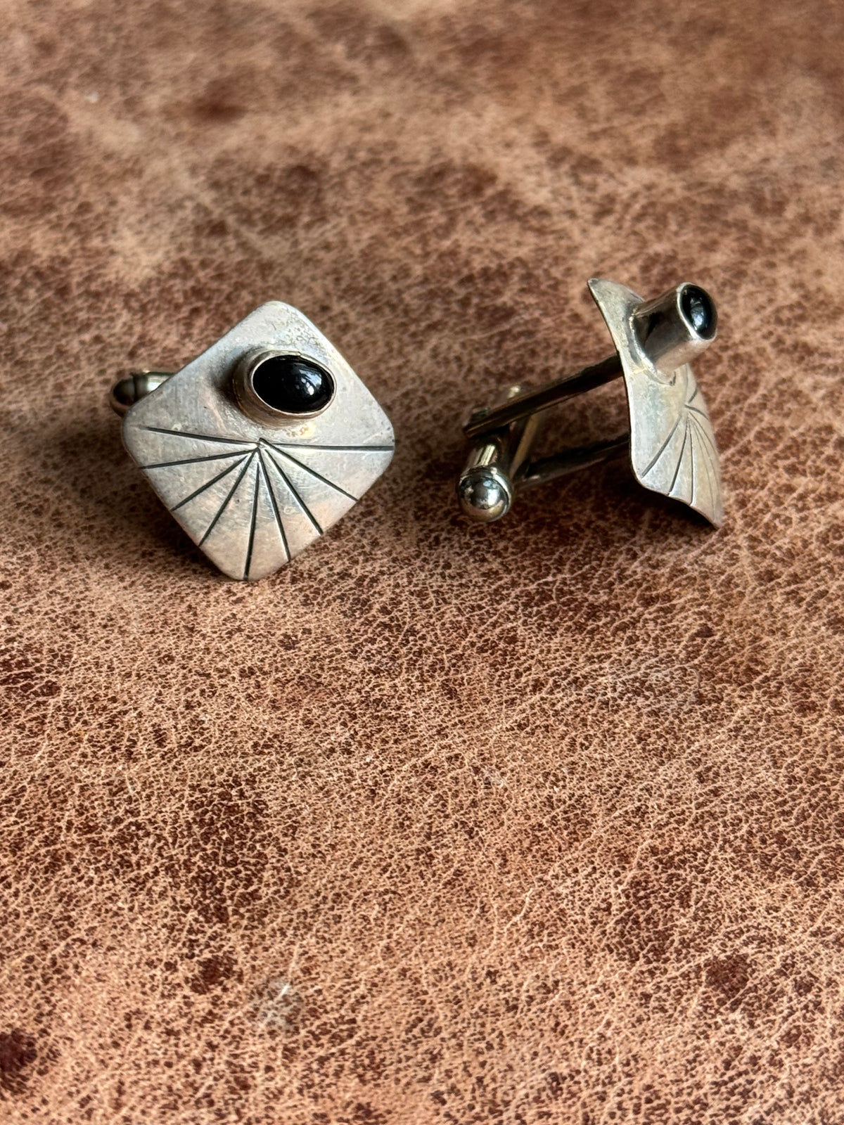 Vintage Sterling Silver Stamped Onyx Square Cufflinks
