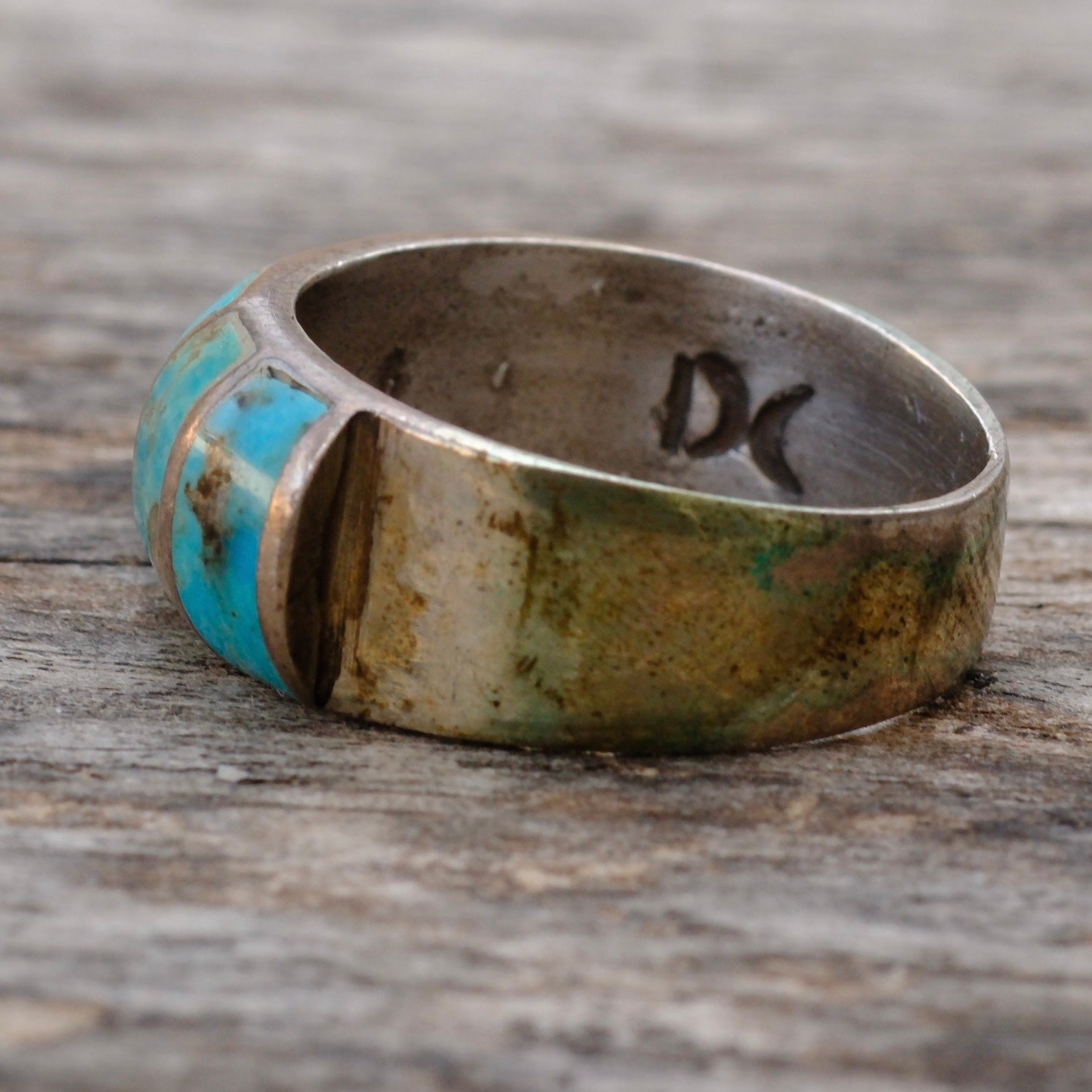 Vintage Sterling Turquoise Inlay Thick Band Ring 10.25