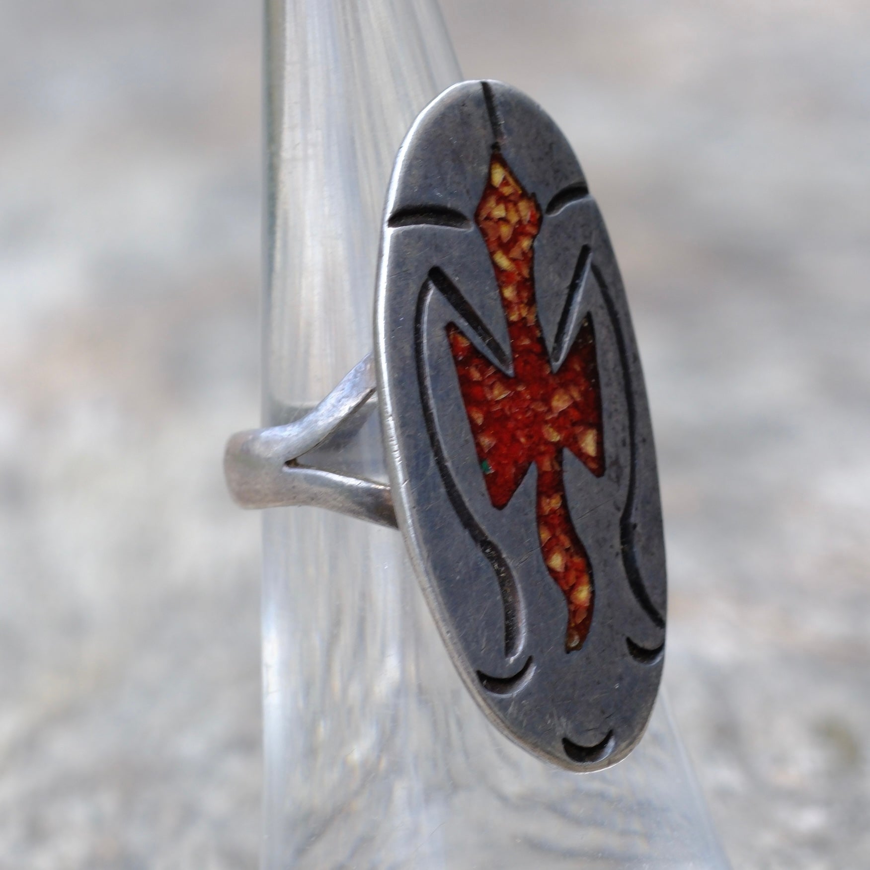 Vintage Sterling Silver Coral Inlay Peyote Bird Ring 5.75